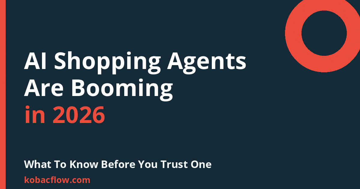 Navy graphic reading AI Shopping Agents Are Booming in 2026, what to know before you trust one